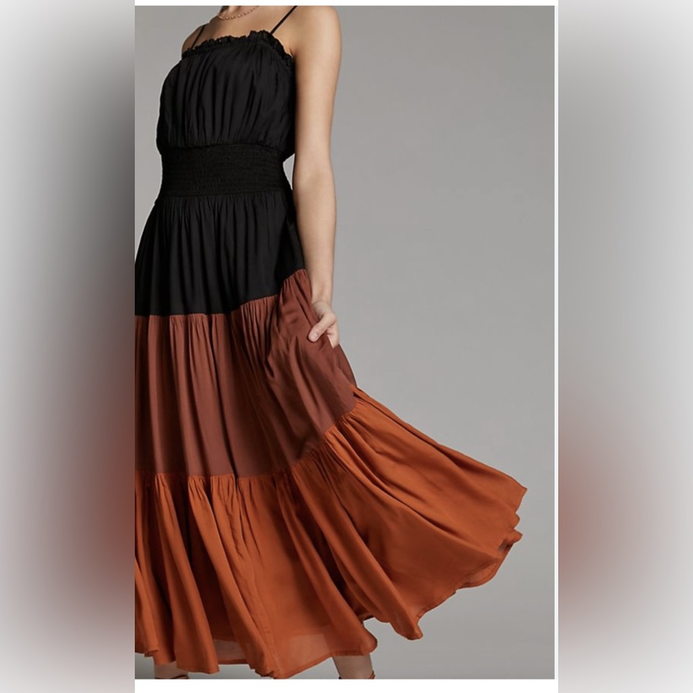 Anthropologie Black and Brown Midi Sundress with Spaghetti Straps